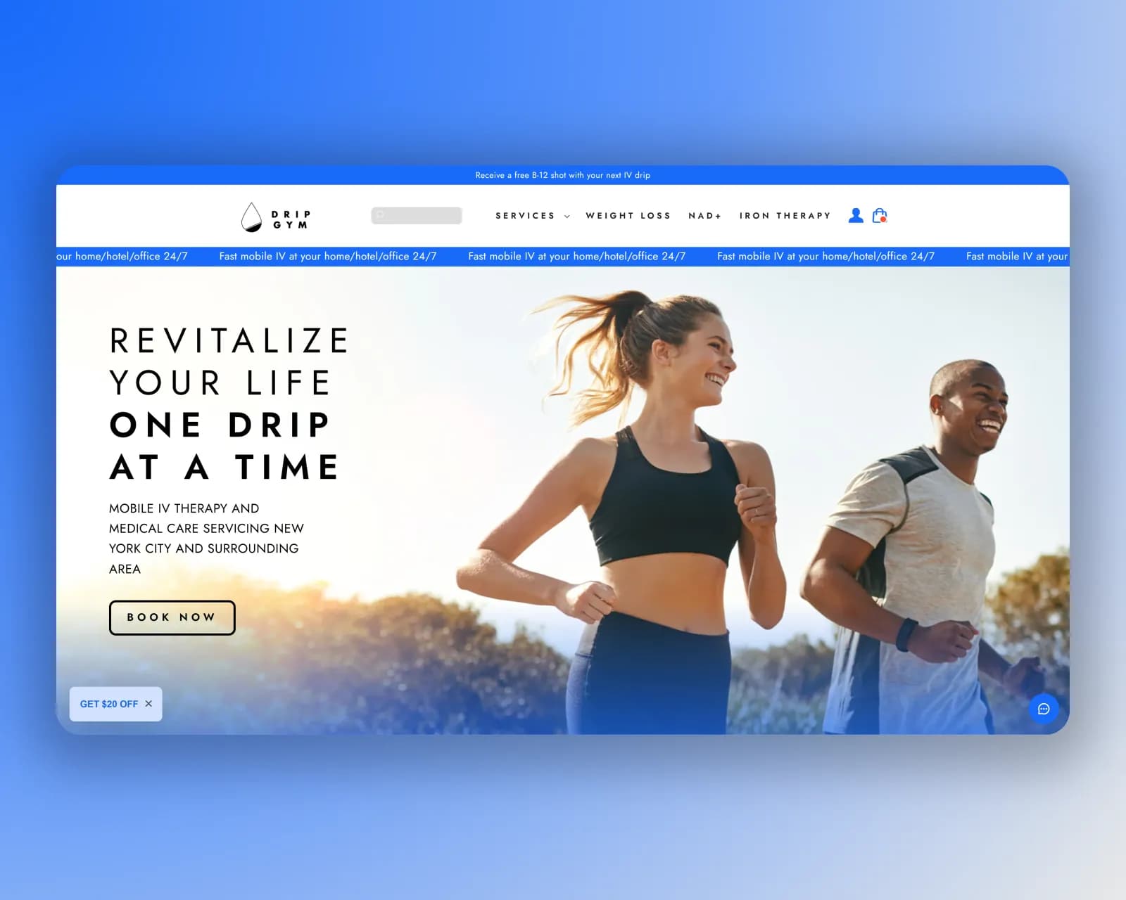 Screenshot preview of case study: Treatment-focused Shopify pages for DripGym IV Therapy